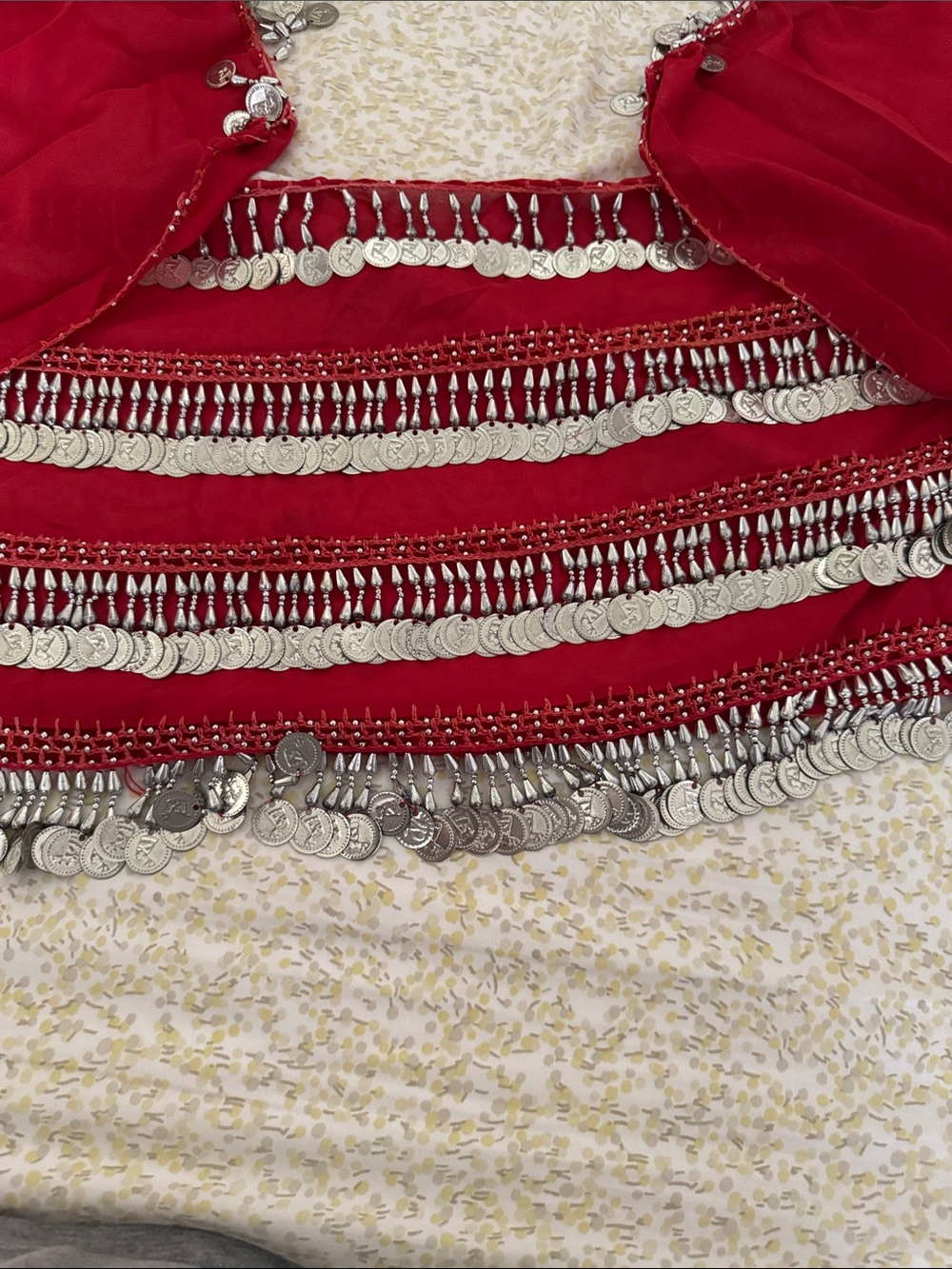 Red Belly Dance Hip Scarf with Silver Coins